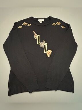 Vintage 197"'s Adolfo Black Crewneck Sweater with Animal Embroidery